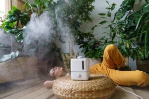 humidificateur professionnel est en fonctionnement dans un environnement industriel, diffusant une fine brume d’eau dans l’air ambiant. Ce système de régulation de l’humidité illustre parfaitement les solutions proposées sur Nord-Humidite.net et Airchaud-Diffusion.fr : des technologies de pointe conçues pour maintenir un taux d’hygrométrie optimal, que ce soit dans une serre agricole, une imprimerie ou un entrepôt logistique. En arrière-plan, on distingue des équipements et des matériaux sensibles, préservés efficacement des effets néfastes de l’air sec grâce à une humidification maîtrisée. L’ambiance visuellement apaisante de cette brume contrôlée traduit les bienfaits concrets des humidificateurs sur la qualité de l’air, le confort des utilisateurs et la protection des infrastructures. Un exemple concret de l’impact positif que peut avoir un humidificateur bien choisi dans tout type d’environnement, du plus technique au plus végétal.